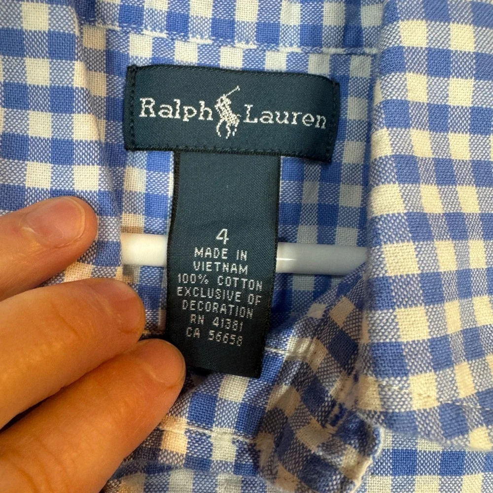 Ralph Lauren Long Sleeve Button Down Shirt Kids Size 4 Blue Gingham Check Preppy